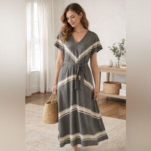 J. Jill Charcoal Stripe Tie-Waist Midi Dress | Size Medium Boho Chic Style
